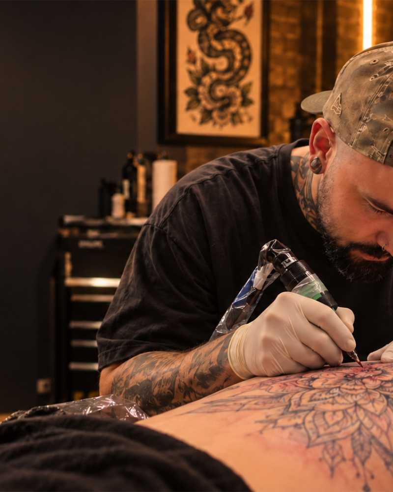A tattoo artist wearing a camouflage cap, black t-shirt, and white gloves applies a tattoo to a client's back in a tattoo studio.
